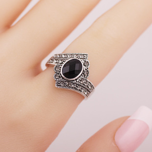 欧美复古潮人黑色玛瑙，宝石古银镶钻食指，戒指女款日韩个性中指环