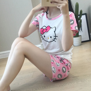 睡衣女夏季hello kitty睡衣凯蒂猫可爱卡通清新韩版学生短袖套装