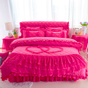 定制婚庆大红色公主风床单，四件套加厚夹棉床裙蕾丝花边床罩被套4