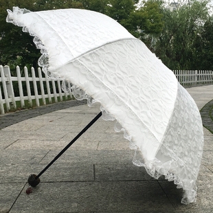 太阳伞防晒防紫外线纯白色蕾丝，花边黑胶零透光三折叠晴雨伞女洋伞