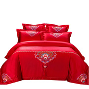 贡缎中式婚庆四件套大红色结婚床上用品六多件套刺绣花新婚庆床品