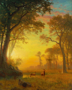 客厅风景画森林里的霞光，森林之光，油画阿尔伯特比尔施塔特复制品