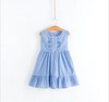 夏季原单纯棉女童单层蓝色连衣裙  中小童可爱刺绣拼接背心裙