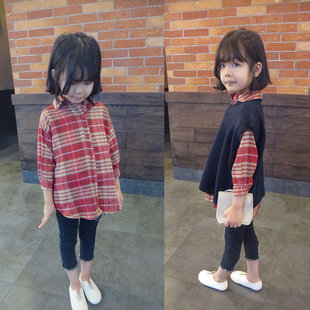 外贸韩国童装21秋冬英伦气质娃娃领磨毛棉女童中长款格子衬衣裙衣