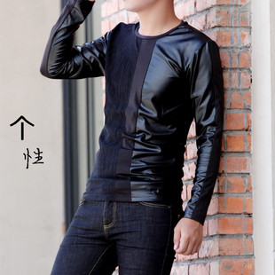 时尚个性潮男T 男士修身型韩版长袖T恤pu皮拼接男式打底t恤衫