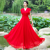 2023女装夏季红色雪纺三亚海边度假沙滩拖地超长款长裙连衣裙