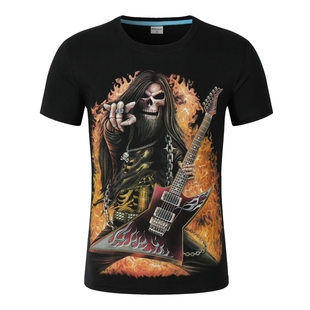 夏装3D摇滚炫酷帅大码男士短袖T恤个性创意3dt恤立体火焰吉他半袖