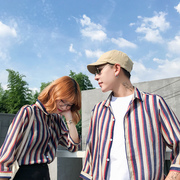 2021情侣装夏装彩色条纹衬衫青少年男女韩版修身七分袖衬衣潮