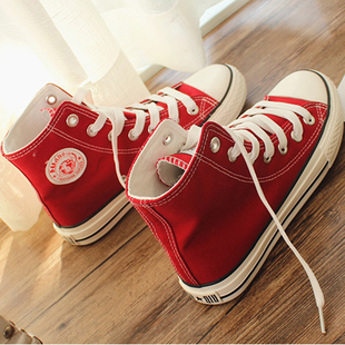 环球红色大码女士高帮帆布鞋，40414243韩版高邦鞋子平跟单鞋潮