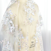 高档立体花刺绣钉珠贴钻蕾丝面料，布料服装礼服，童装手工diy材料紫