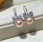 925天然粉色珍珠耳环银，蝴蝶结珍珠耳环耳钉正圆强光