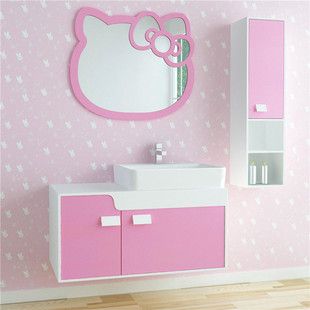 格格屋粉色小猫咪卡通浴室镜，儿童卫生间浴室柜卫浴柜洗手盆柜