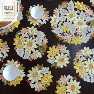 西餐垫杯垫盘垫田园布艺欧式美式中式绣花圆桌垫圆桌布金色向日葵