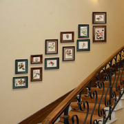 定制楼梯照片墙实木欧式美式相框做旧复古壁挂别墅楼梯间装饰组合