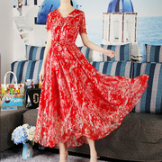 2024夏季连衣裙红色雪纺，碎花波西米亚长裙，大码胖mm海边度假