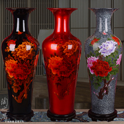 景德镇陶瓷器高档乌金釉牡丹，落地大花瓶客厅家居新房装饰品摆件