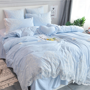 韩式蓝色100全棉蕾丝少女公主，风床上四件套纯棉，床裙高级床单被套4