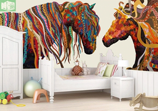 手绘抽象骏马壁纸色块油画动物墙纸酒店床头背景沙发背景大型壁画