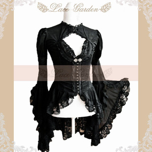Lace Garden暗黑哥特黑色修身上衣优雅宫廷蕾丝喇叭长袖外套