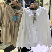 2021韩版纯棉衬衫女系，带领木耳边独特宽松净色娃娃衫时尚上衣