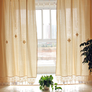 出口镂空米色窗帘成品，中式复古美式棉麻法式客厅，阳台遮光手工文艺