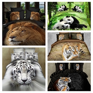 3D立体动物四件套霸气熊猫老虎狮子床上用品床单被套个性豹子黑色