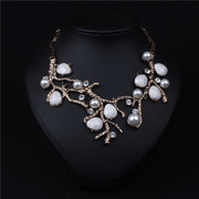 欧美时尚大牌低调复古黑树枝白珍珠镶钻手工项链韩国锁骨毛衣链女
