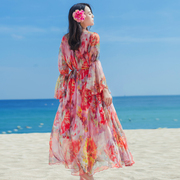 马尔代夫海边度假波西米亚连衣裙长裙喇叭袖碎花显瘦沙滩裙大码
