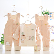 宝宝薄棉套装春秋季3-6个月，新生儿男女夹棉衣1岁婴儿背带裤三件套