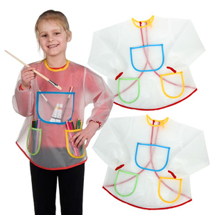 儿童美术绘画围裙反穿衣透明长袖，围兜涂鸦防污防水画画衣饭饭罩衣