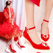 细跟婚鞋女2023韩版红色高跟鞋，中跟结婚鞋子红鞋新娘鞋敬酒鞋