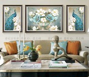 复古欧式客厅沙发背景方钻满钻贴钻石画点钻十字绣孔雀花卉三联画