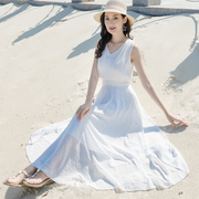 雪纺连衣裙女蕾丝显瘦沙滩裙，海边度假长裙，气质白色仙女裙性感