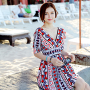 夏季波(夏季波)西米亚甜美时尚，印花大v领泡泡，短袖海边度假连衣短裙沙滩裙