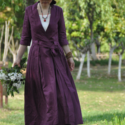 原创设计紫色亚麻宽腰带长款连衣裙双十一送打底背心