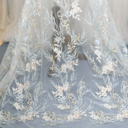 粉蓝撞色高档立体刺绣蕾丝，花朵婚纱手工diy材料，服装布料面料辅料