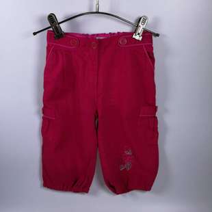 法单玫红色，儿童女童棉麻，休闲七分童裤
