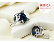 s925纯银可爱甜美狐狸水晶耳环韩版时尚气质耳钉套装耳饰品