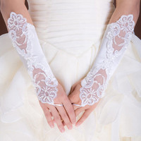 新娘婚纱露指蕾丝，中长款绣花女手套