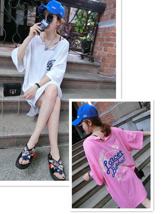 韩国夏季女装字母印花t恤时尚，个性中长款韩范短袖上衣女