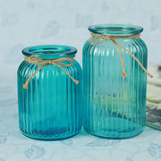 欧式地中海乡村蓝色透明玻璃水培花瓶家居装饰花器办公桌摆件