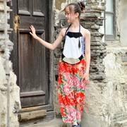 丹凤创意女童夏装古典拼布肚兜老花布阔腿裤套装中国风两件