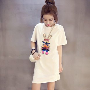 夏季韩版纯色短袖t恤宽松大码中长款打底衫，连衣裙家居睡衣裙