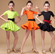 女童短袖橘色舞蹈服儿童荧光绿拉丁舞蹈连衣裙黑色漂亮演出练功服