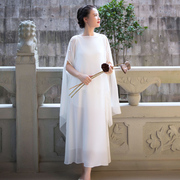 白色茶服禅意仙女气民族风复古雪纺长裙套装禅舞服中国风女装文艺