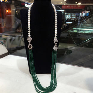 天然珍珠项链 绿色水晶多层长款毛衣链 多种戴法百搭款送女友