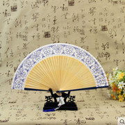 杭州古风扇子女式青花瓷工艺扇，中国风旗袍扇子，日式折扇全竹手工扇