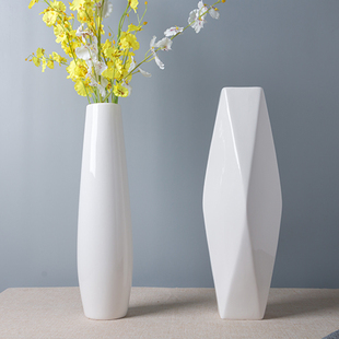 陶瓷落地花瓶 细长高地面花瓶 可装水 白色客厅花瓶简约欧式