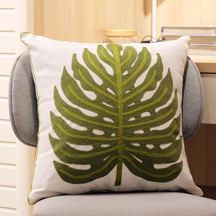 ins北欧简约清新靠垫 绣花热带植物绿色芭蕉叶家居客厅沙发棉抱枕