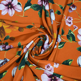 橘桔黄色印花30姆米弹力重磅重绉真丝连衣裙面料桑蚕丝绸布料杭州